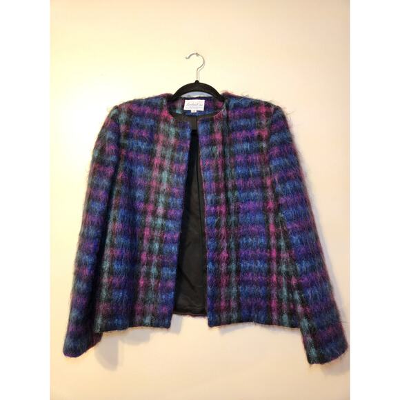 Vintage Lombardi Open Front USA Made Fuzzy Plaid Blazer Jacket 10 M Mohair Wool - Picture 1 of 8